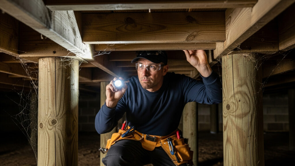 Professional inspector underneath a deck checking joists/posts, Signals seriousness
