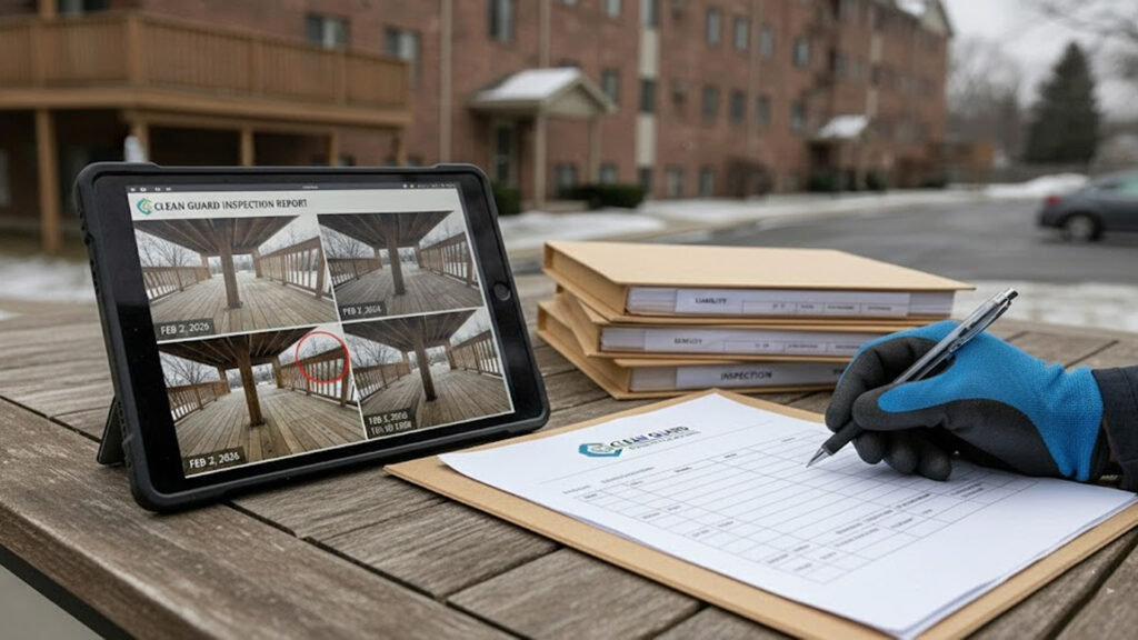 Tablet or folder showing dated inspection photos, Reinforces paper trail importance & Subtly supports Clean Guard’s professional process
