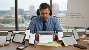 Property manager at desk surrounded by multiple phones/tablets showing maintenance tickets, looking stressed but focused