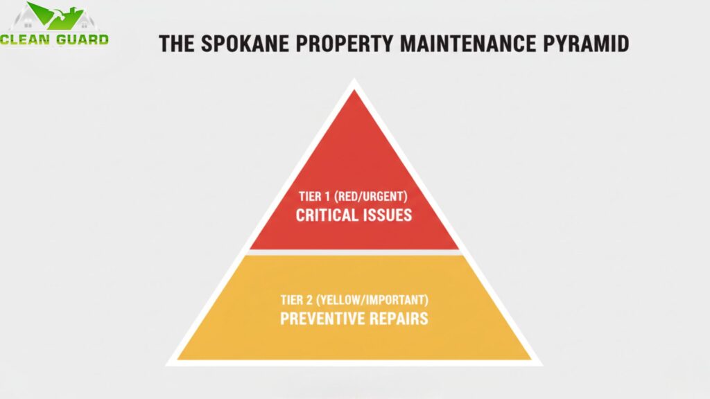Diagram of the Spokane Property Maintenance Pyramid showing Tier 1 red critical issues at the top and Tier 2 yellow preventive repairs below in a clean branded design