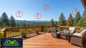 Wide view of a Spokane backyard deck with mountain scenery, red circles highlighting potential structural problem areas