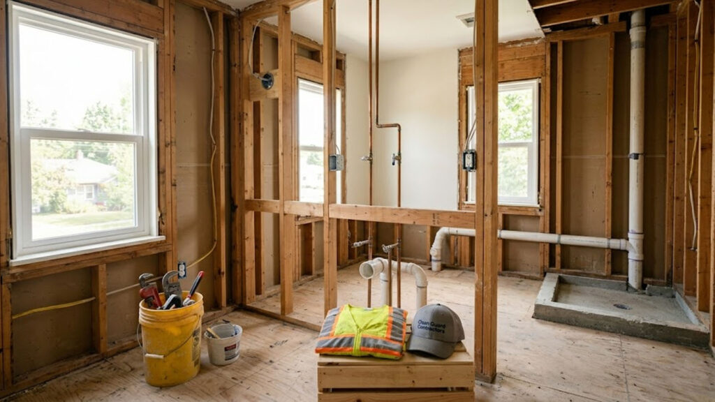 A full bathroom remodel in a Spokane home showing updated plumbing and subfloor repairs.