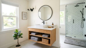 A modern Spokane bathroom refresh featuring a floating wood vanity and updated black faucets.