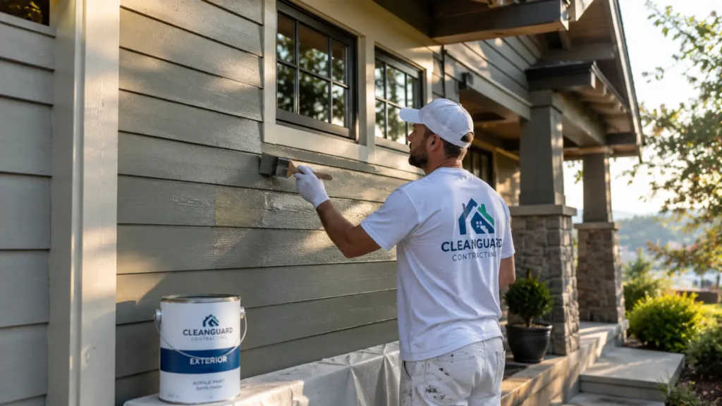A professional applying acrylic exterior paint to a Spokane craftsman's home siding
