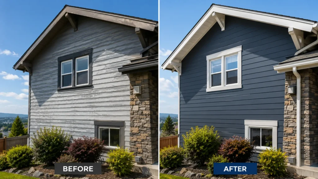 UV fading on exterior paint compared to a fresh coat on the south-facing wall
