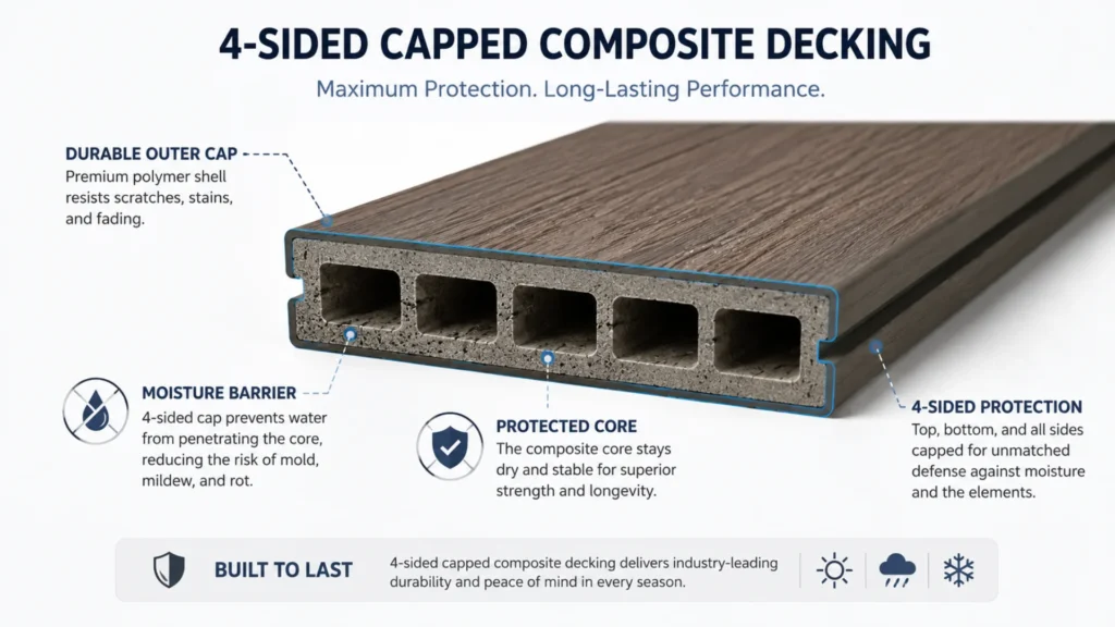 4-sided capped composite decking construction and moisture protection
